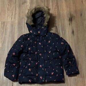 GAP Kids Floral Puffer Jacket with Faux Fur Hood